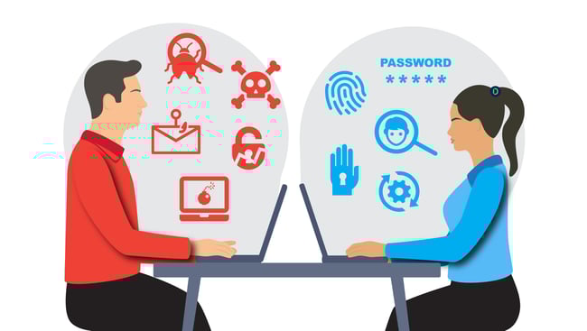 Coworkers practicing offensive and defensive cybersecurity