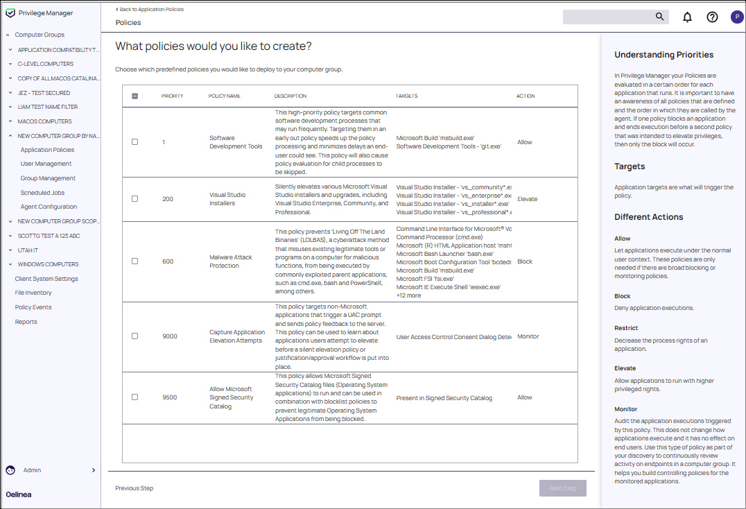 Screenshot of Privilege Manager's policy selection menu