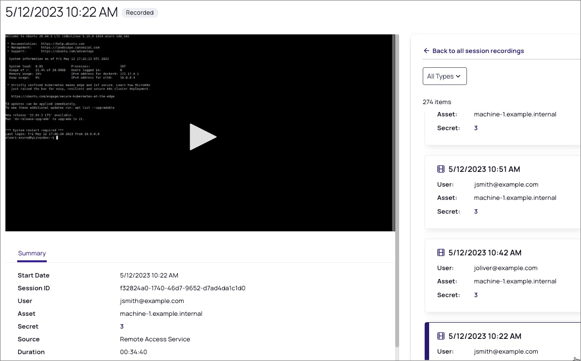 Screenshot: Delinea Platform Individual Session Recording View