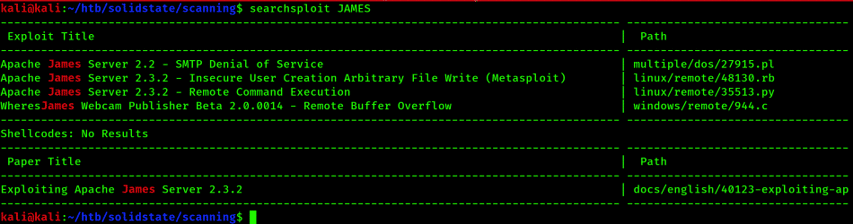 Running SearchSploit for JAMES keyword
