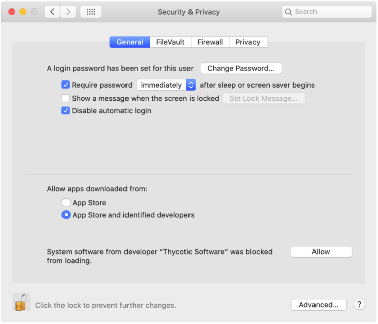 Screenshot: macOS Catalina KEXT Security and Privacy Allow Dialog