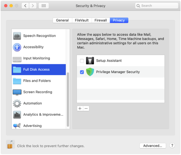 Screenshot: macOS Catalina SYSEX Privacy, FDA Checked Dialog
