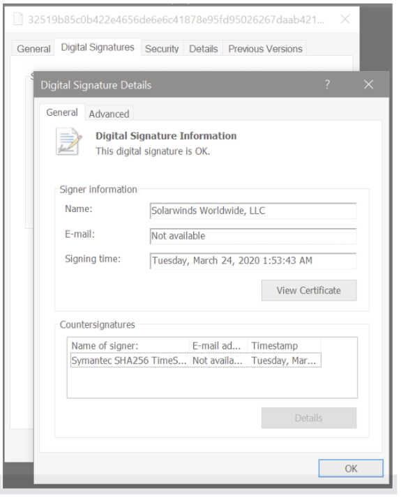 Digital Signature on SolarWinds Software with backdoor