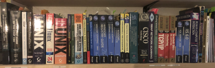 Bookshelf with cyber security books