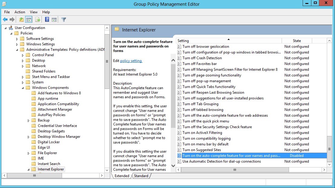 Group Policy Management Editor - Disable Password Caching for IE