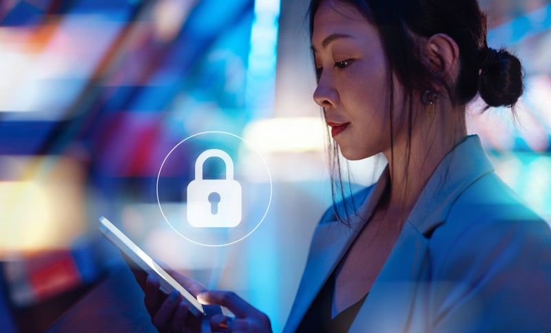 Woman on phone with lock symbol