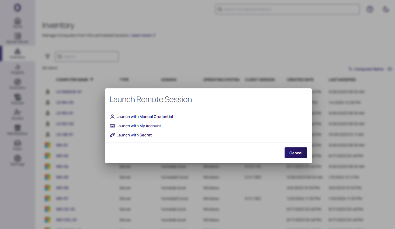 delinea-screenshot-privilege-control-server-remote session-launch